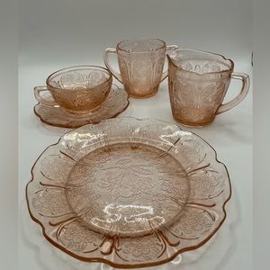 Vintage Jeannette Junior Dinner Set. Peach-Rose Depression Glass Child Set 1930s